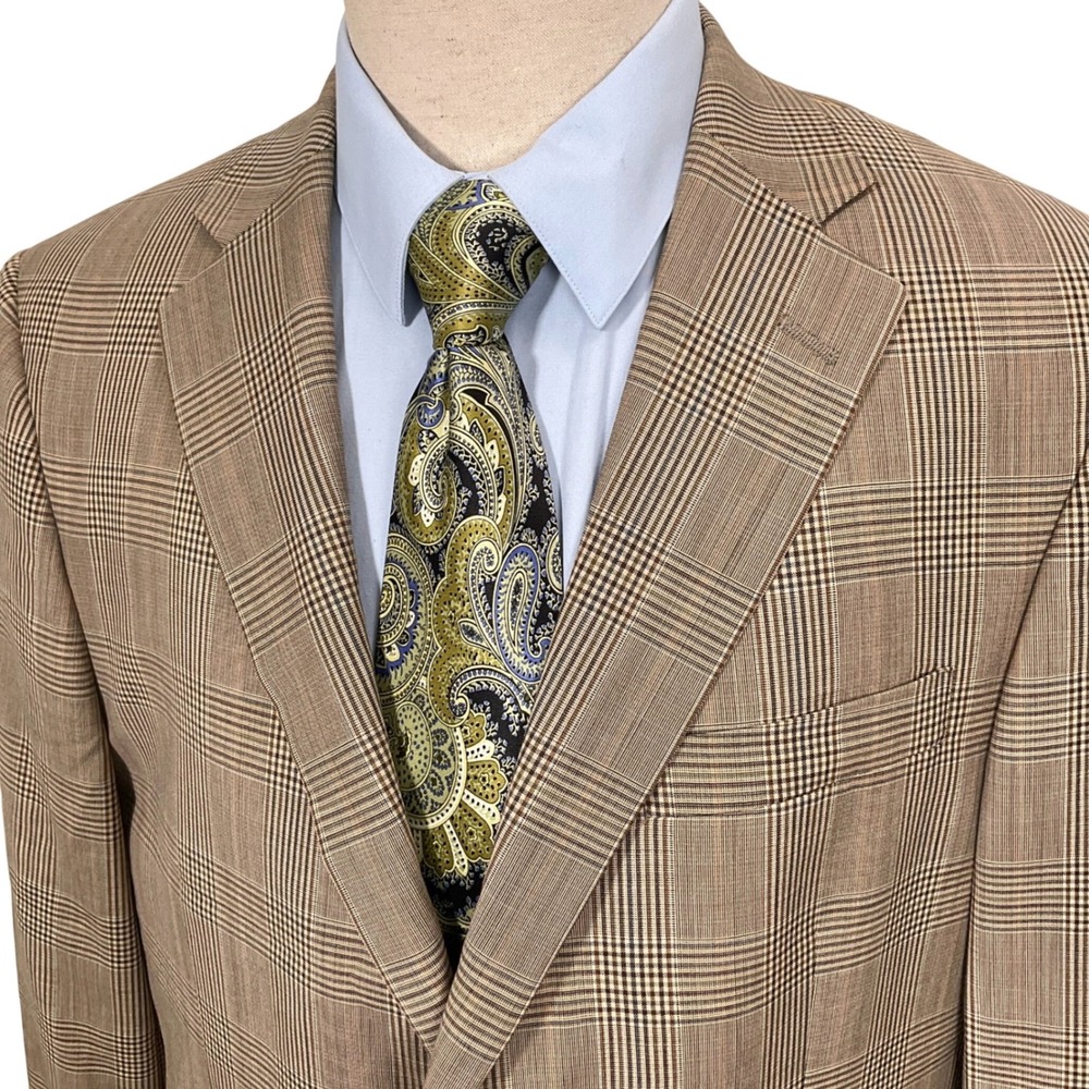 Hart Schaffner Marx Blazer Mens 44R Tan Black‎ Plaid 2 Button Timeless Jacket
